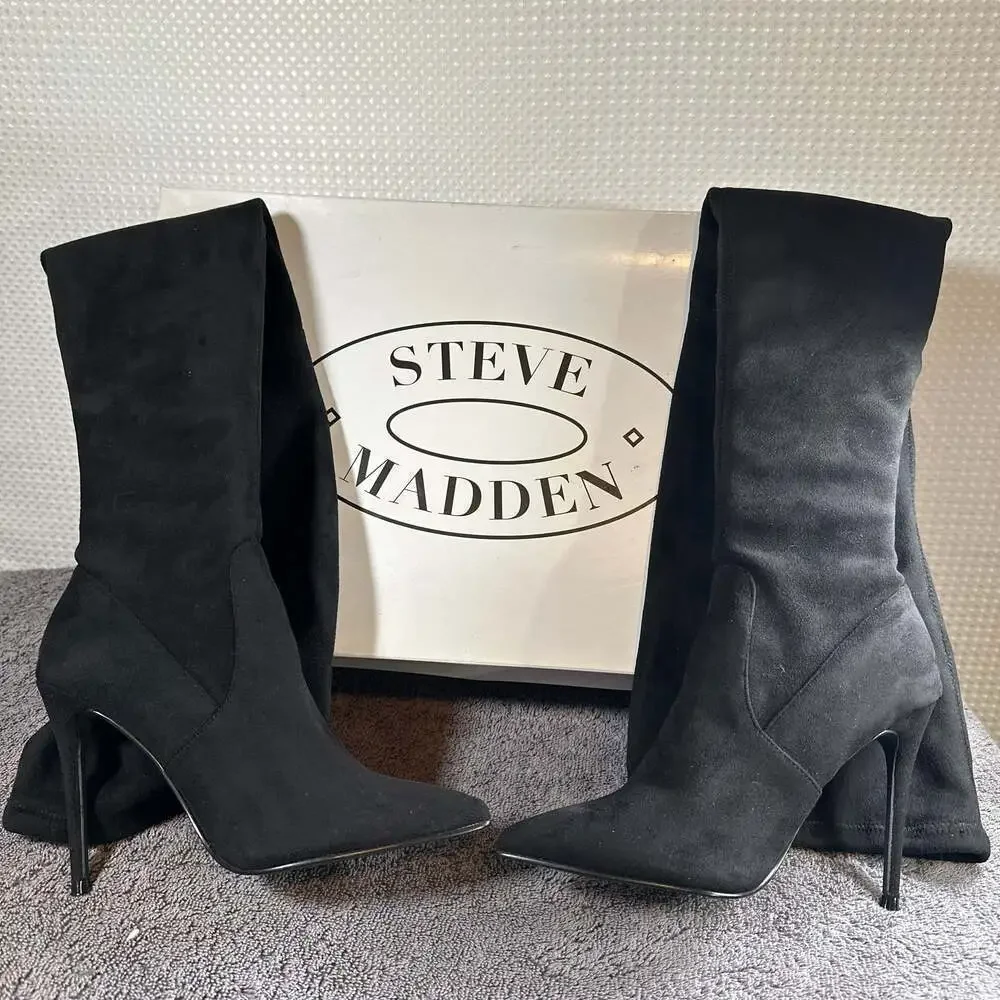 Steve Madden Dominique Black Micro Suede Thigh High Pointed Toe Stiletto Boots